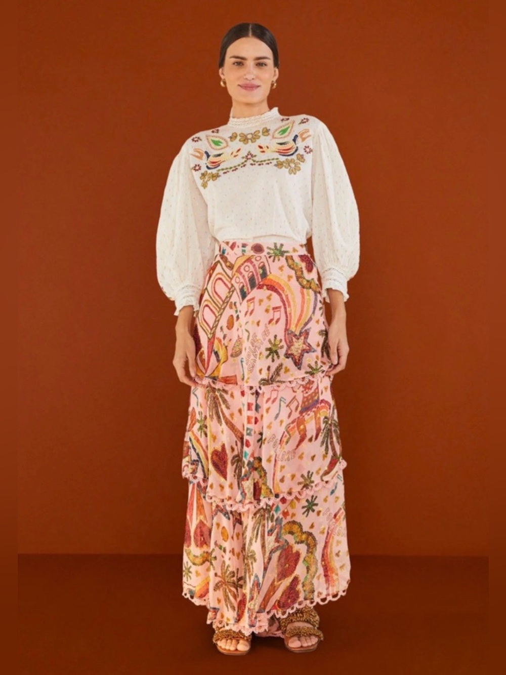 Farm Rio Folk Party Metallic Embroidered Tiered Maxi Skirt